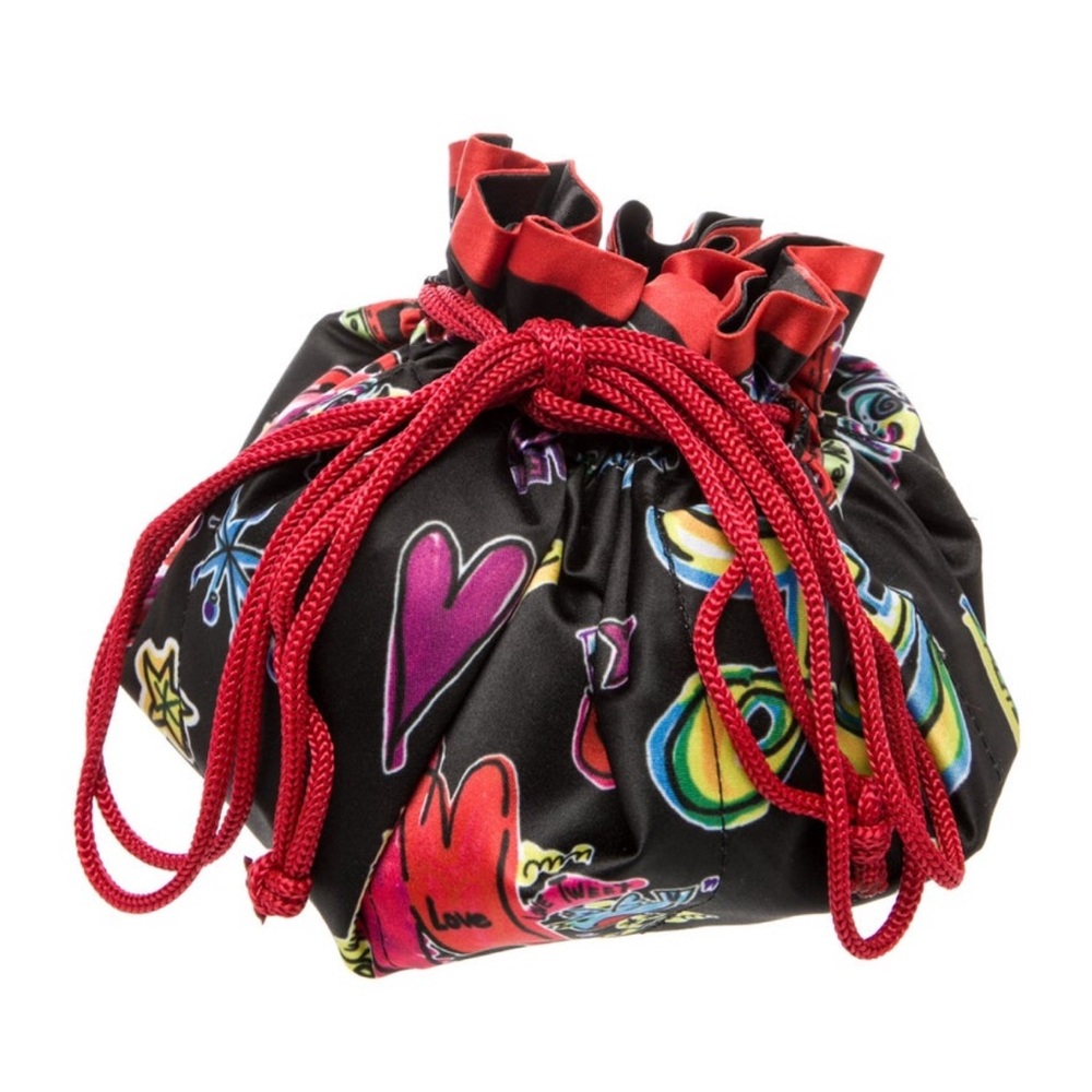 Brighton Black Red Satin Love Scribble Cinch Jewlery Evening Bag